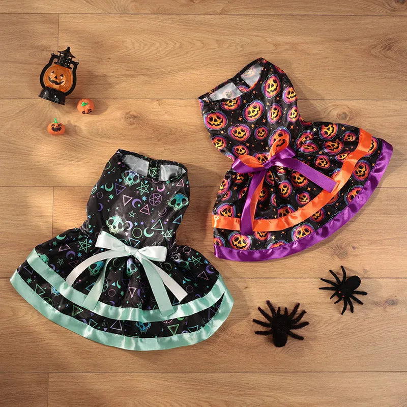 Halloween dog skirt with colourful pumpkin print, double-layer design