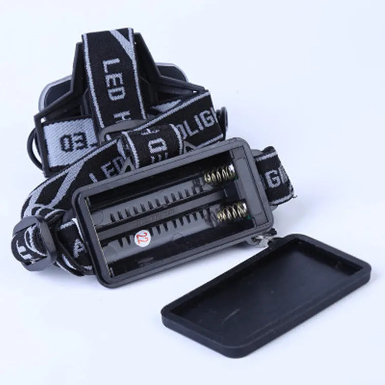 Head-mounted camping light with LED beam showing waterproof construction and rechargeable battery