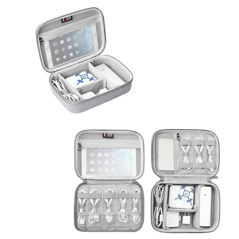 Black and grey EVA digital storage bag for headphones and cables, showing hand bag shape.