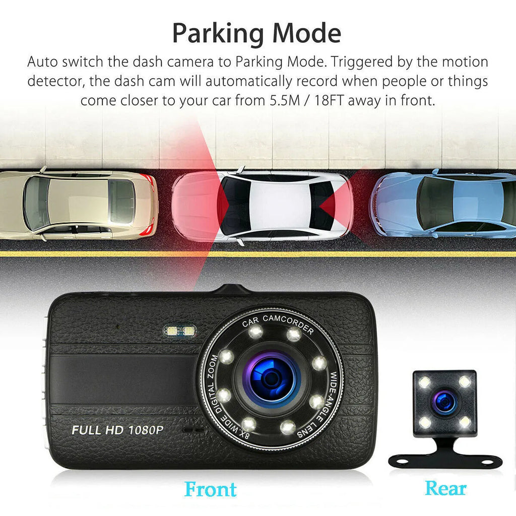 HD driving recorder with eight night vision lights and 4.0 inch screen installed on car windscreen