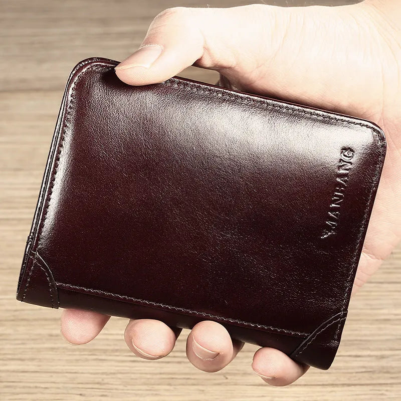 Men's leather wallet showing internal compartments including card slots, hidden pocket and photo position