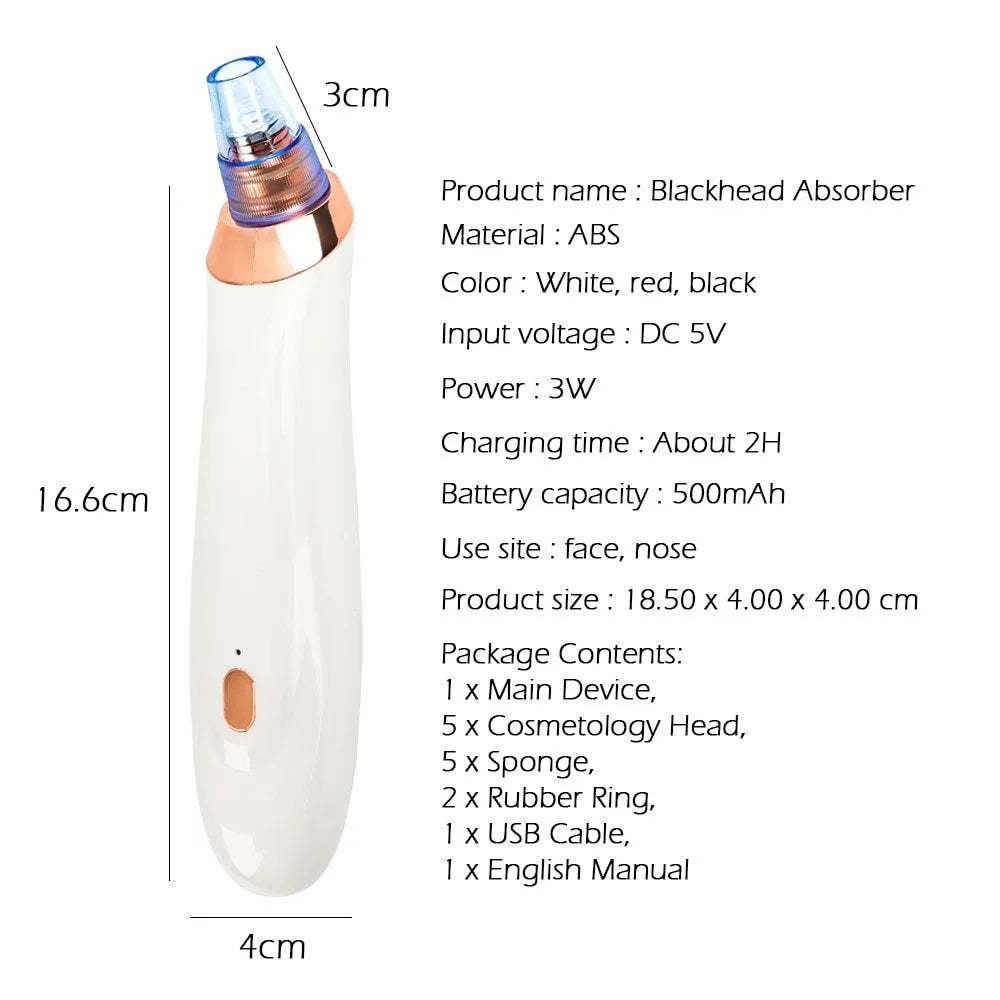Handheld electric blackhead extractor tool with multiple nozzle tips in black colour