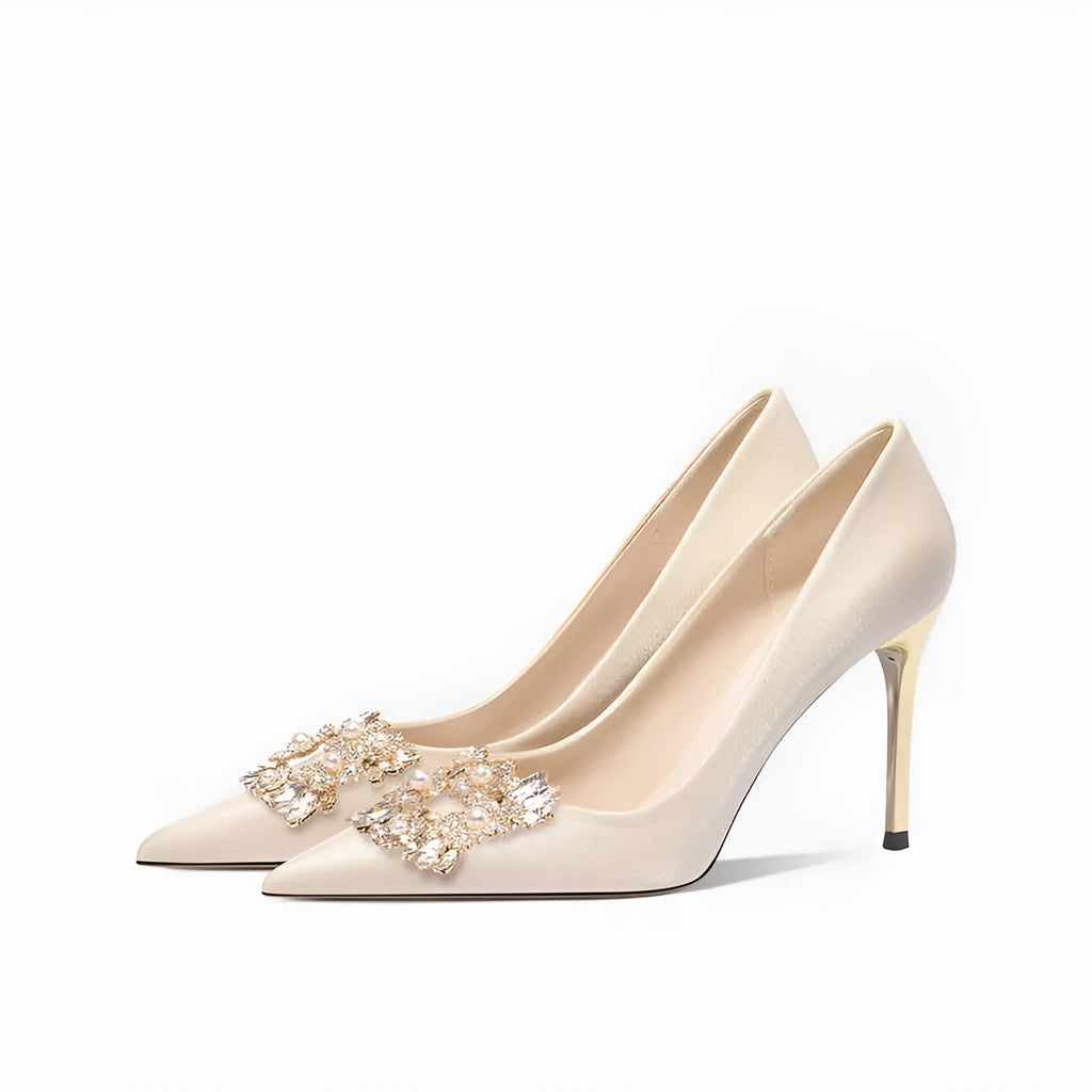 Women's French crystal wedding high heels with rhinestones on cloth upper and pointed toe.