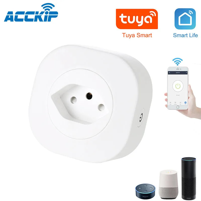White smart socket plug with WIFI and voice control, showing EU plug style