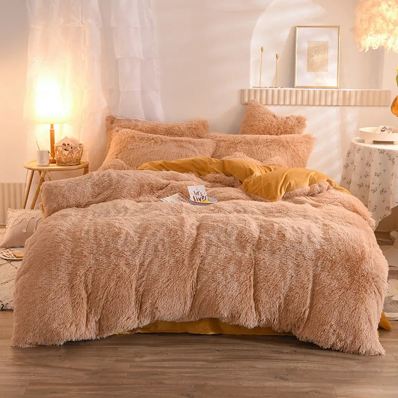 Soft plush mink velvet duvet cover set with pillowcases in beige colour for winter warmth