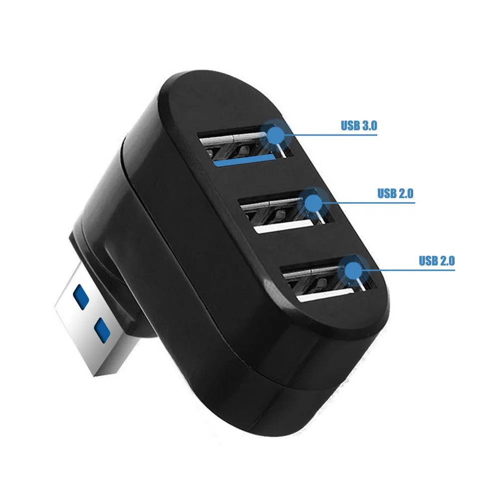 Black and white USB rotary splitter hub with four USB ports showing rotational design