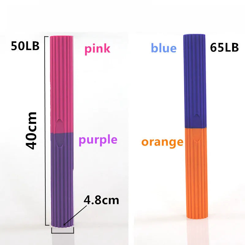 Flexible silicone resistance training bar in pink and blue for grip strength and elbow rehabilitation
