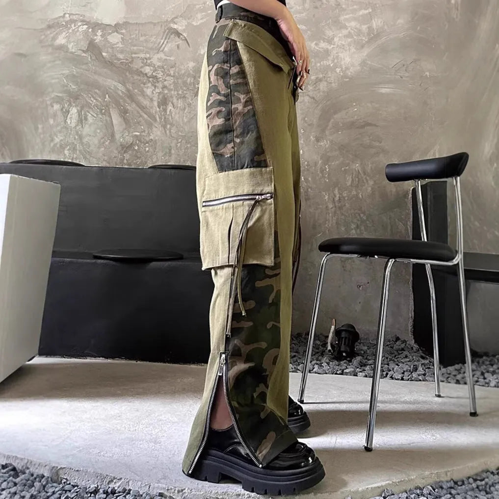 Women's dark khaki leopard print high waist straight leg jeans with retro tooling style details.