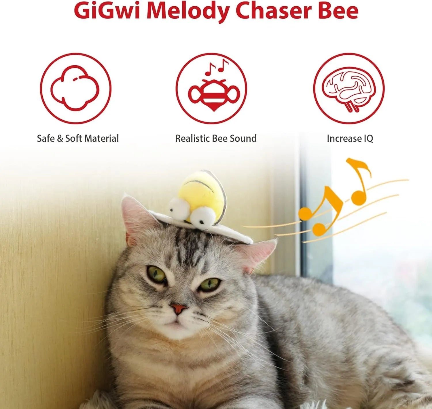 Yellow bee-shaped electronic cat toy with motion-activated squeaking sound