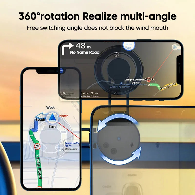 Telescopic folding car phone holder with magnetic suction for instrument panel mounting in black or silver