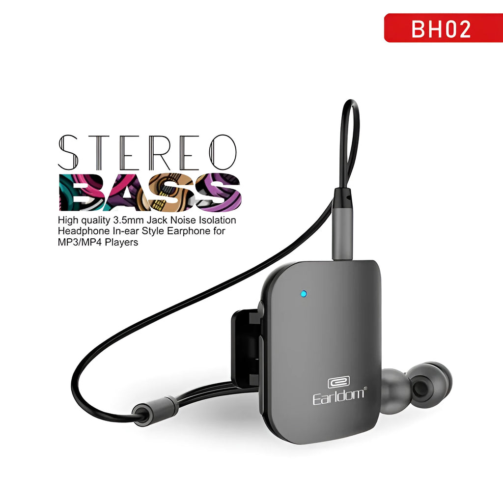 Black Bluetooth lavalier audio receiver for converting wired running headphones to wireless with 10-metre range