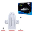White PS5 slim charging base with RGB lighting, cooling fan, and controller handle fixer