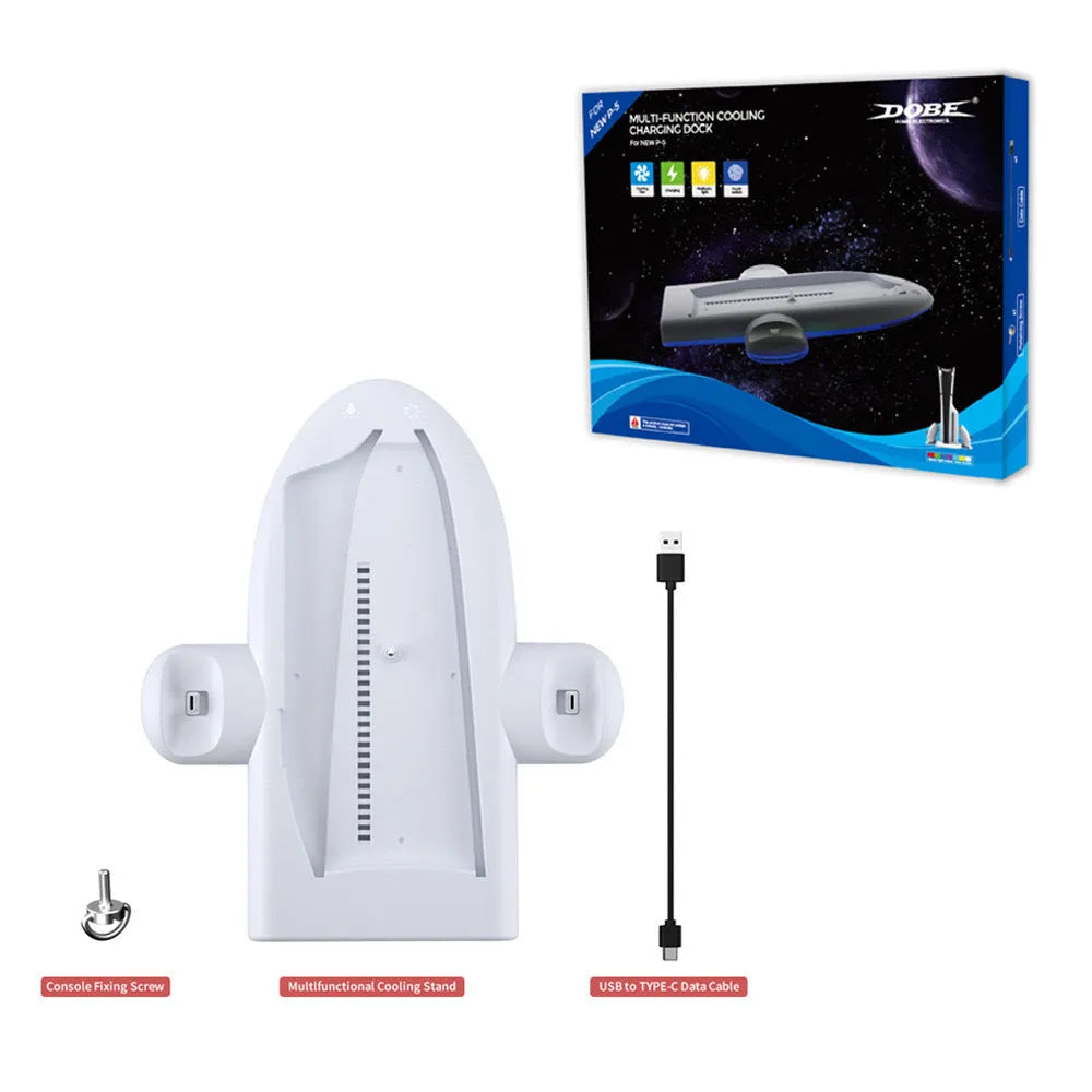 White PS5 slim charging base with RGB lighting, cooling fan, and controller handle fixer