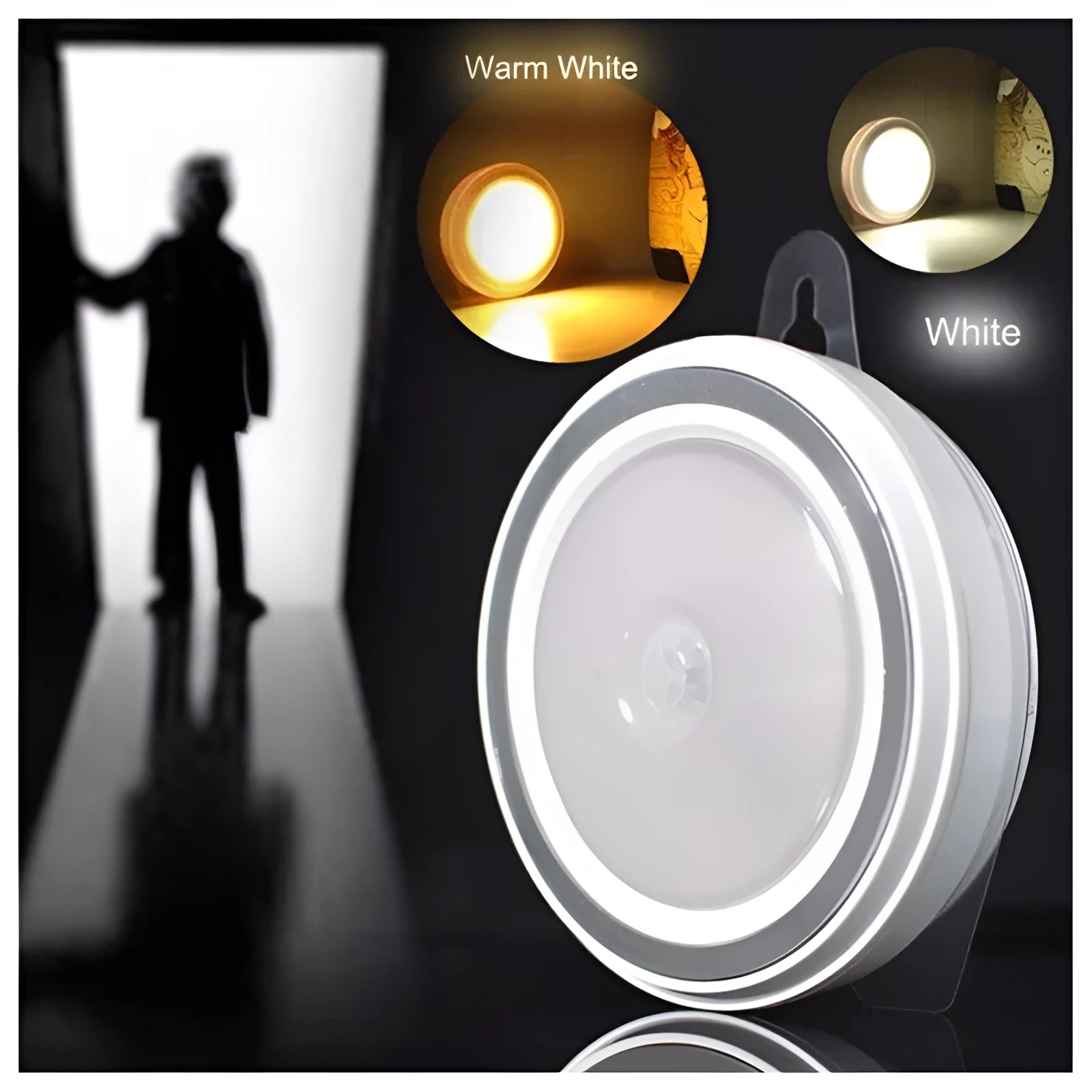 Smart body motion sensor LED night light with 80mm diameter showing warm and white light options