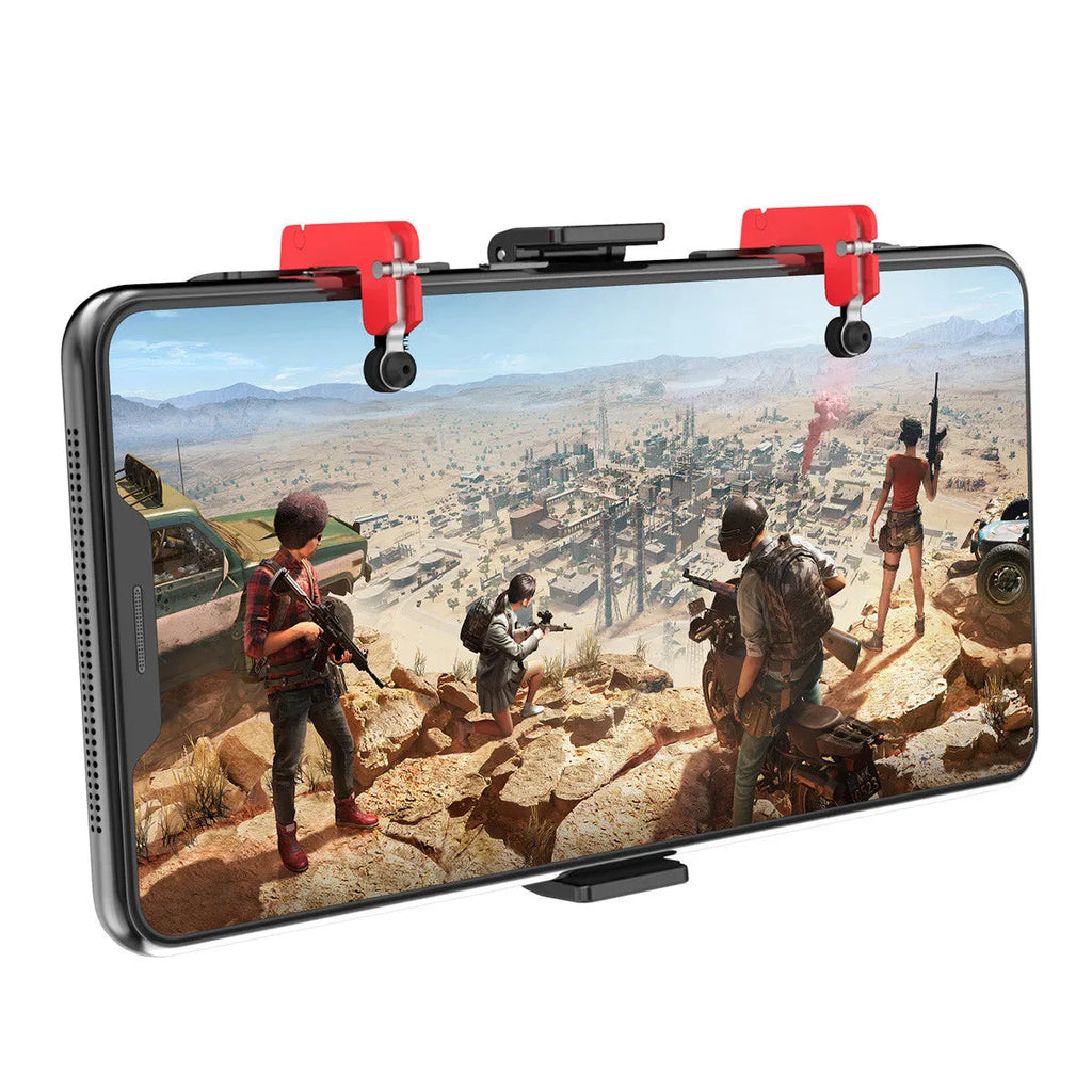 Black PG-9137 mobile phone gaming trigger handle showing the rear-mounted trigger and telescopic phone clip.