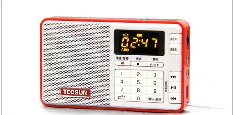 Tecsun Q3 digital audio player in choice of colours showing compact design with speaker and buttons.
