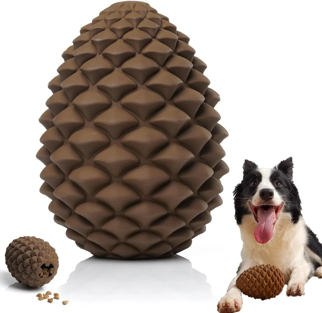 Yellow pine cone shaped tough dog toy made from natural rubber with treat dispenser for large breed dogs.
