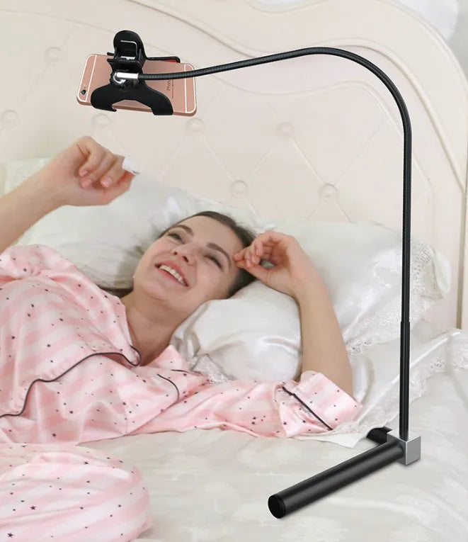 Black and white bedside mobile phone holder with universal bracket and adjustable overhead support shelf