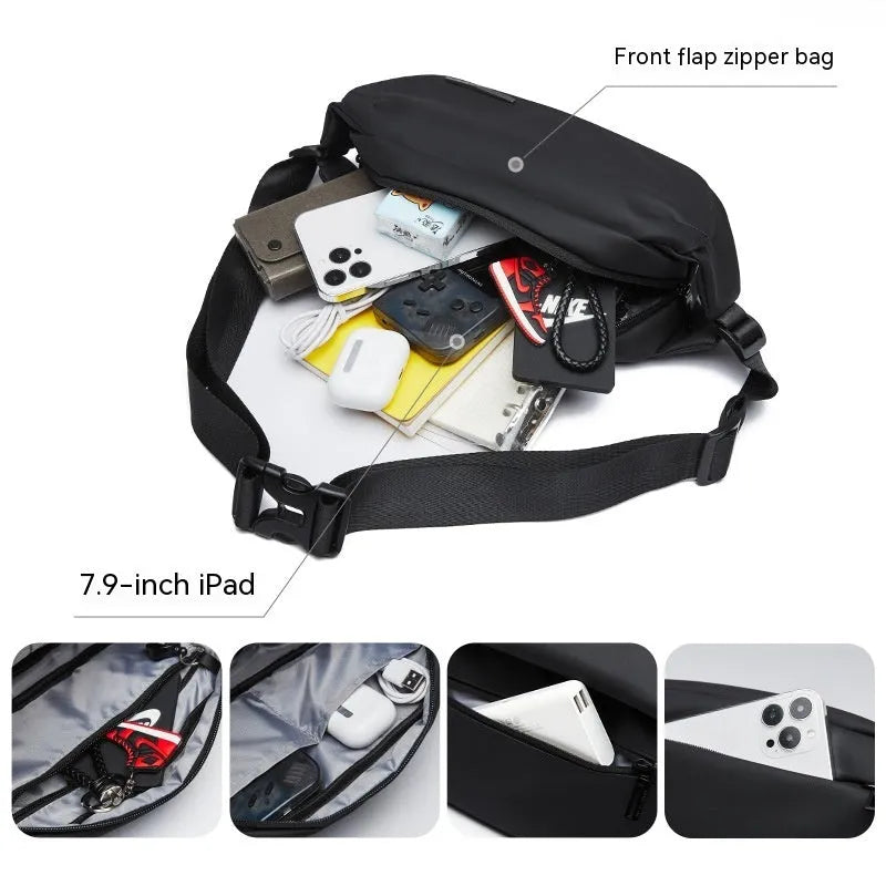 Black Oxford cloth men's messenger bag with crossbody strap and street style design