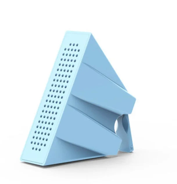Compact black mobile phone amplifier bracket holding an iPhone on a desktop.