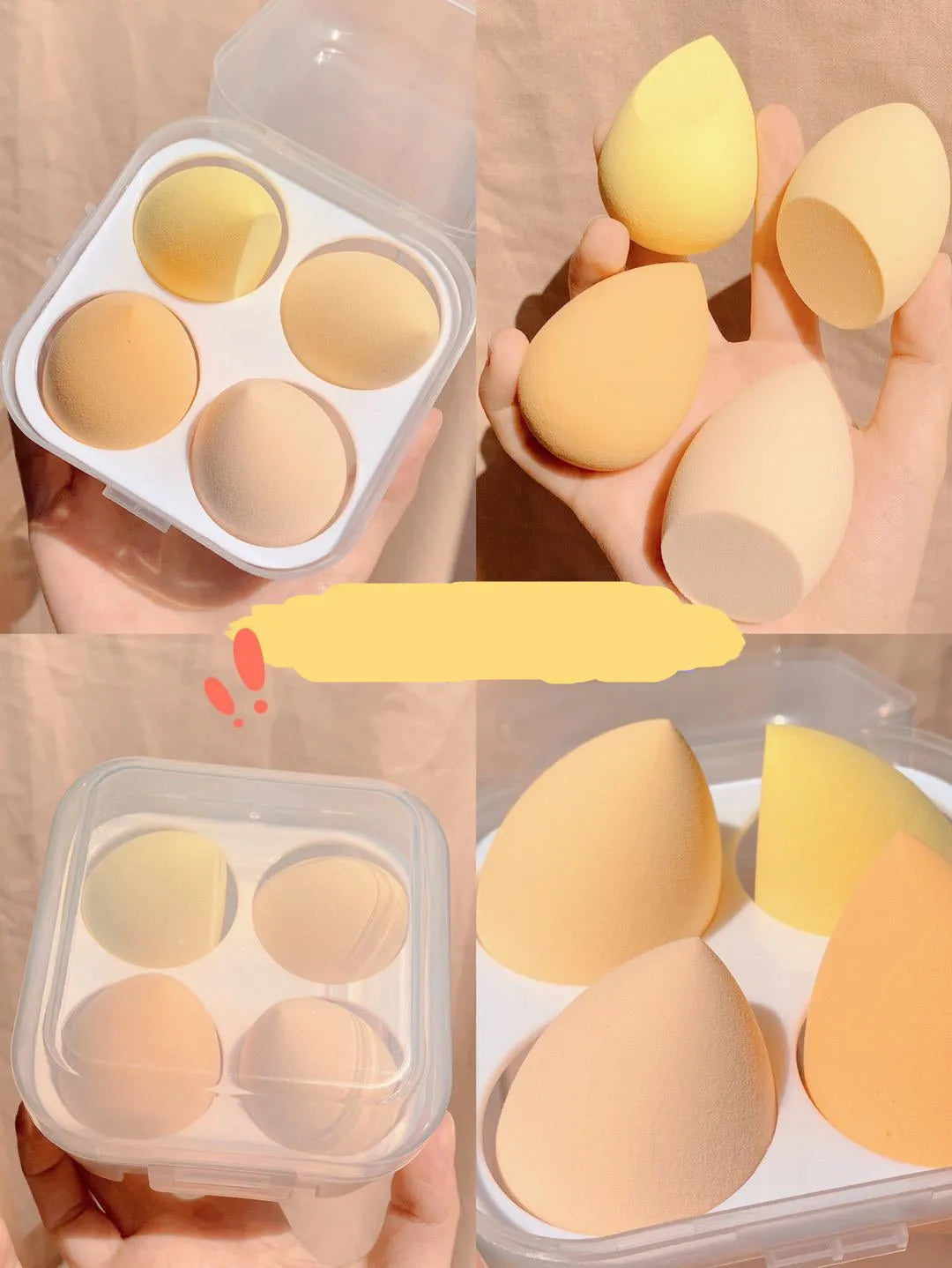 Four colourful makeup sponge eggs in grape, mango, mint and peach arranged in box