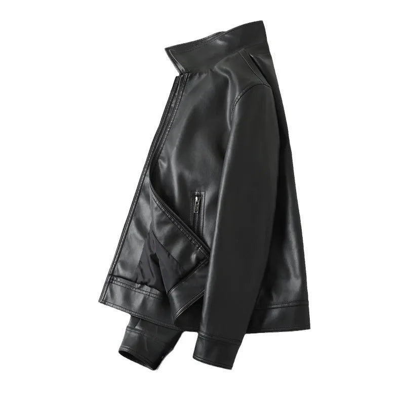 Black men's PU leather jacket with zipper pockets, loose fit design