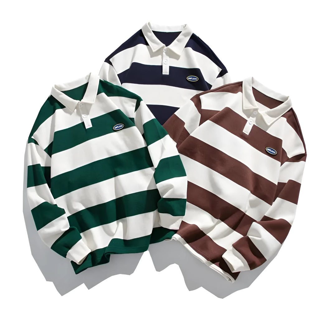 Hong Kong-style striped polo shirt in pearl cotton with lapel collar and loose fit