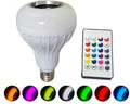 White Bluetooth speaker LED bulb with E27 screw base and remote control for 16 colour lighting.
