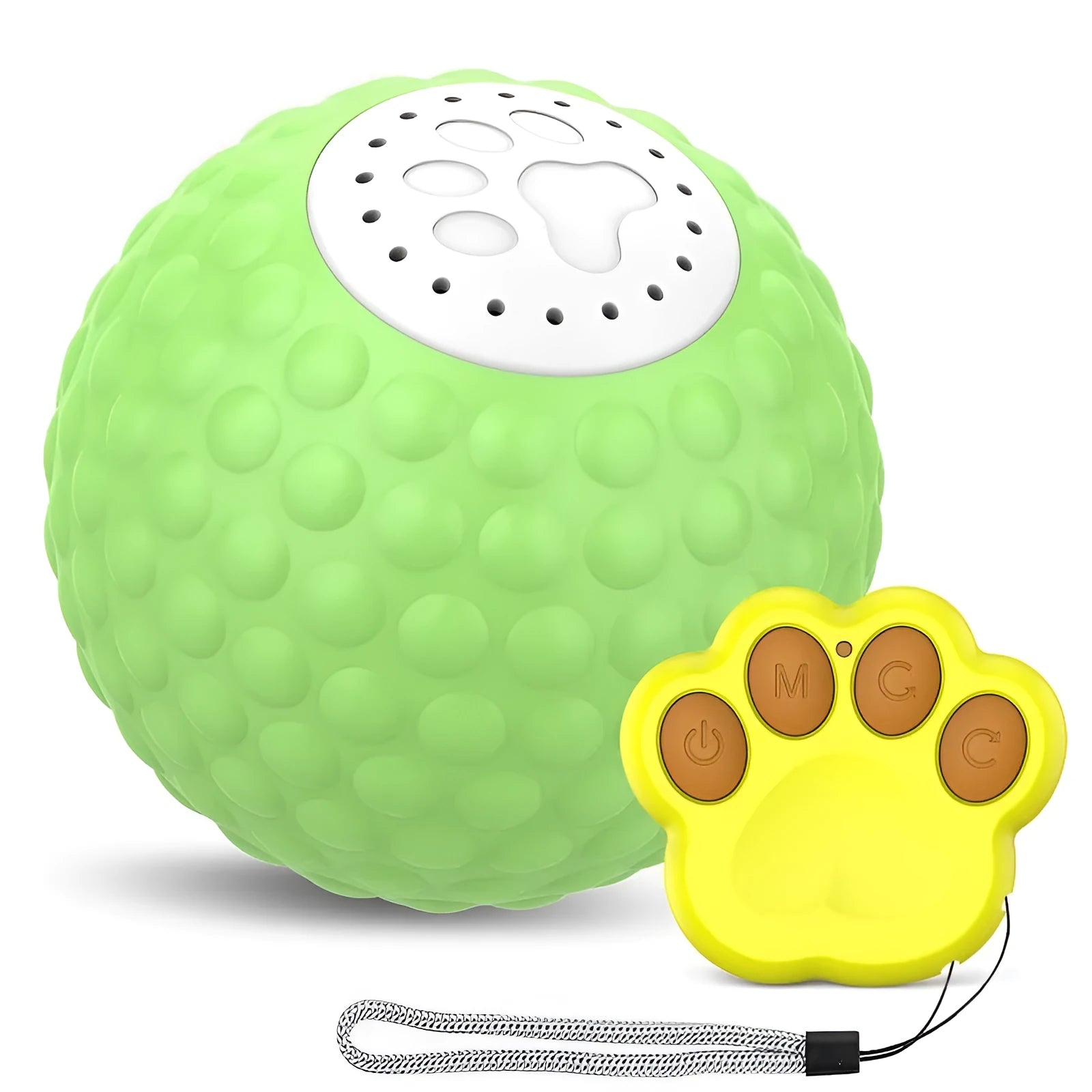 Remote control cat toy with rolling ball in blue, green, and yellow colour options