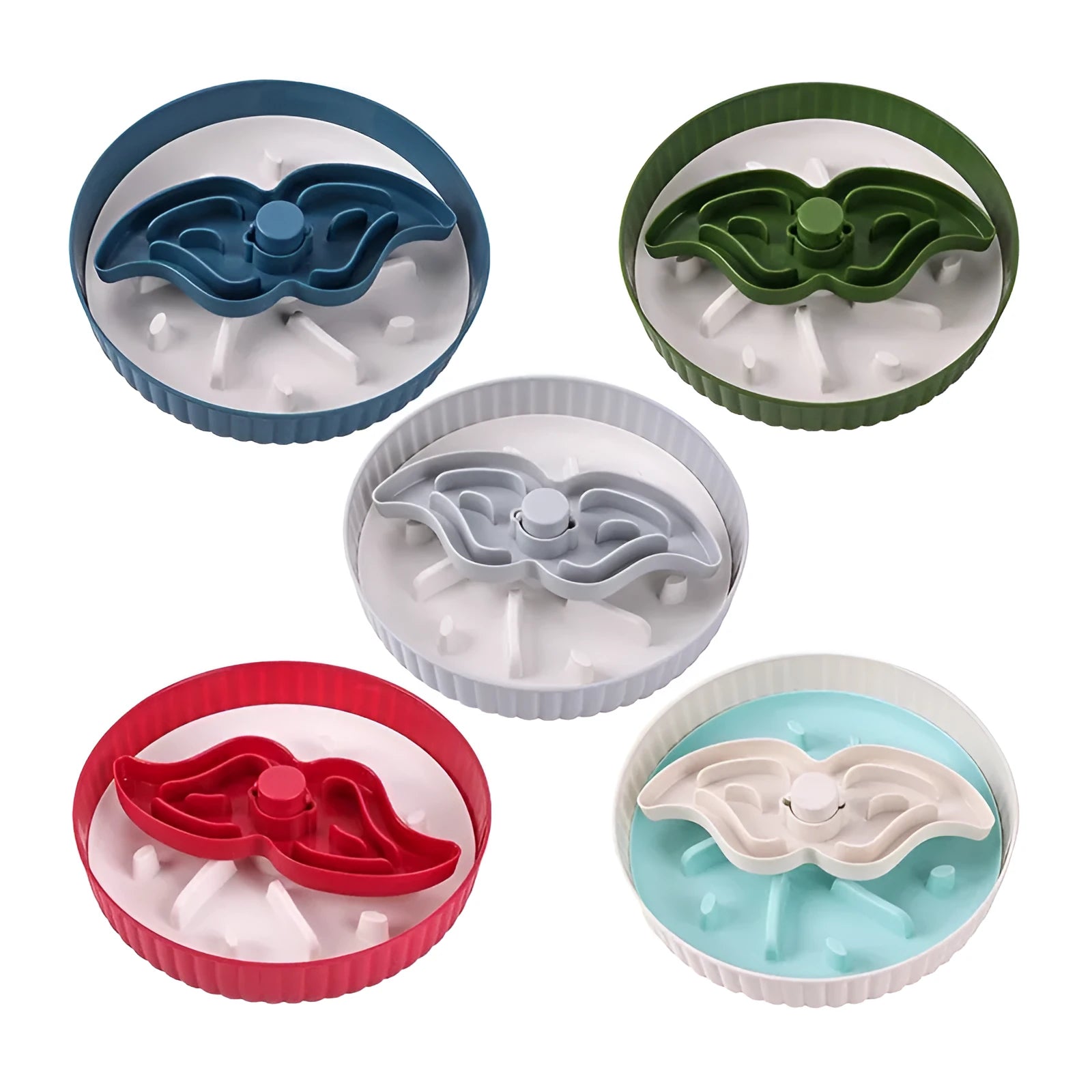 Grey rotating pet slow feeder bowl with a blue silicone windmill-pattern licking mat attached.