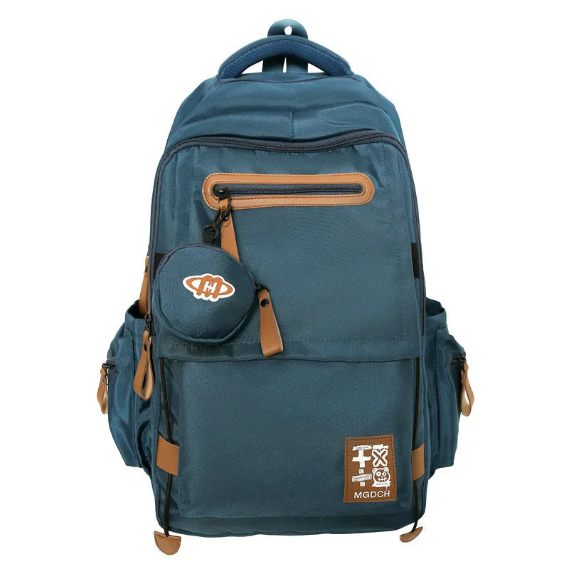 Large-capacity nylon school backpack for middle school students in solid colour with curved shoulder straps