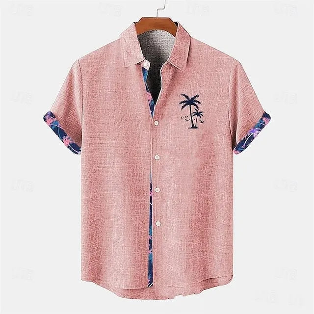Linen short sleeve shirt with ocean fish pattern lapel design in loose casual cut