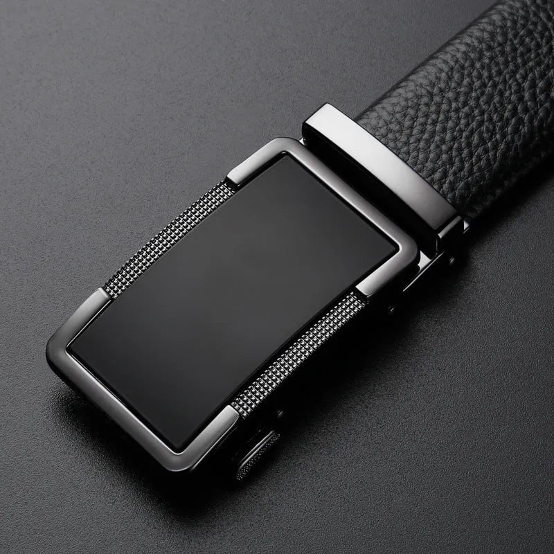 Men's gun black leather belt with an automatic alloy buckle, laid flat showing its length