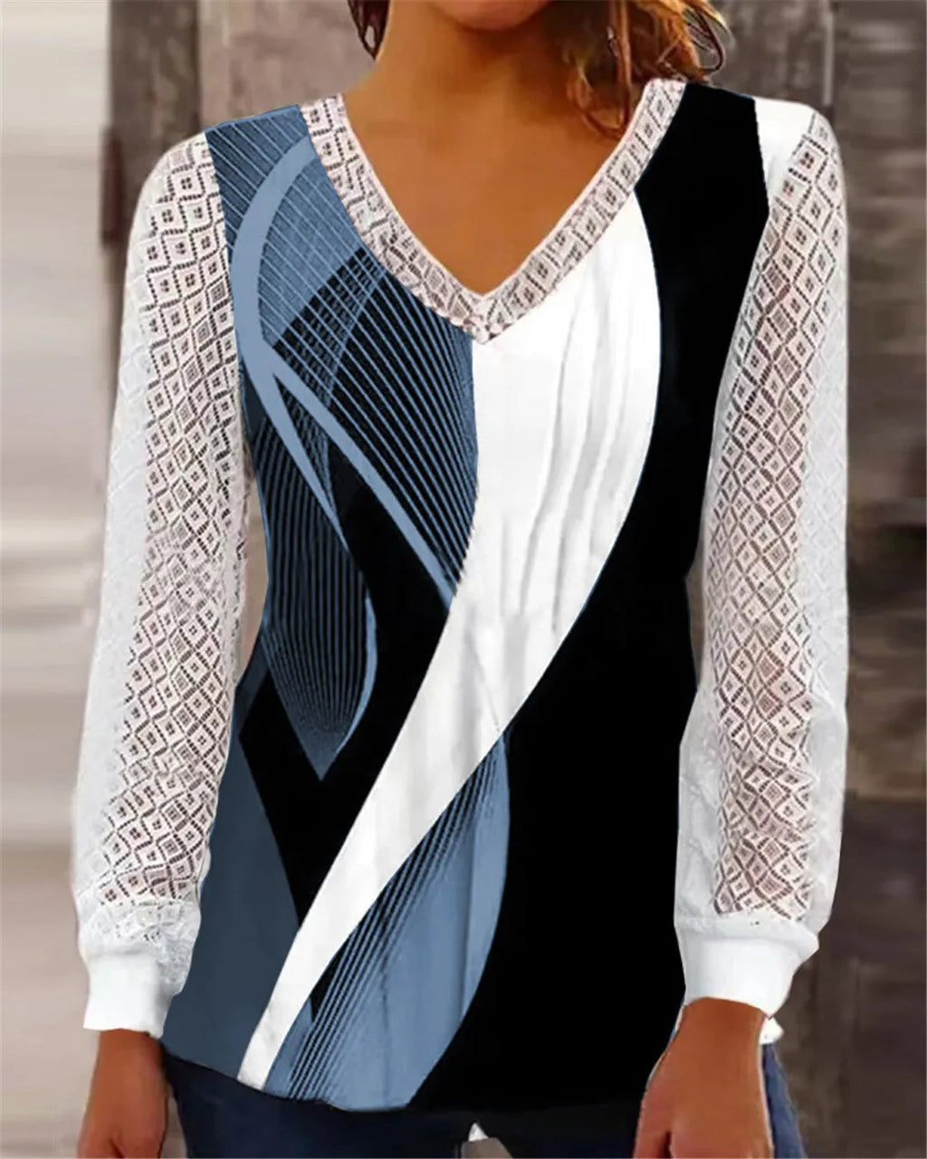 Purple V-neck loose top with hollow-out lace print and long sleeves