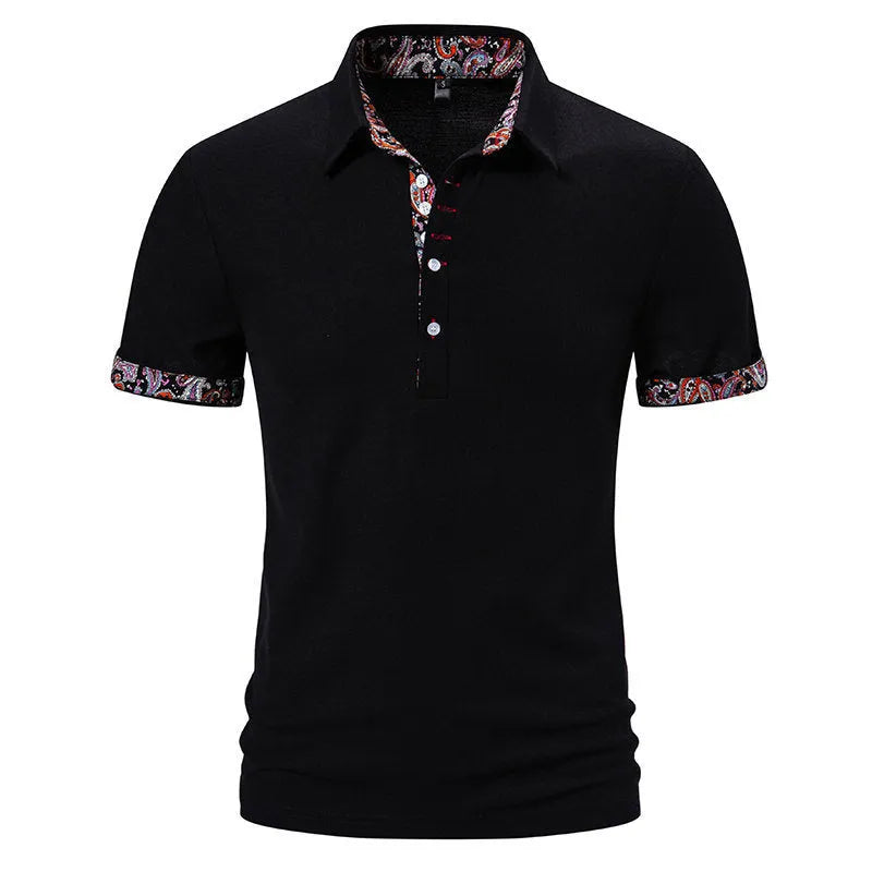 Men's cotton blend polo shirt in navy blue with short sleeves and turnover neck.