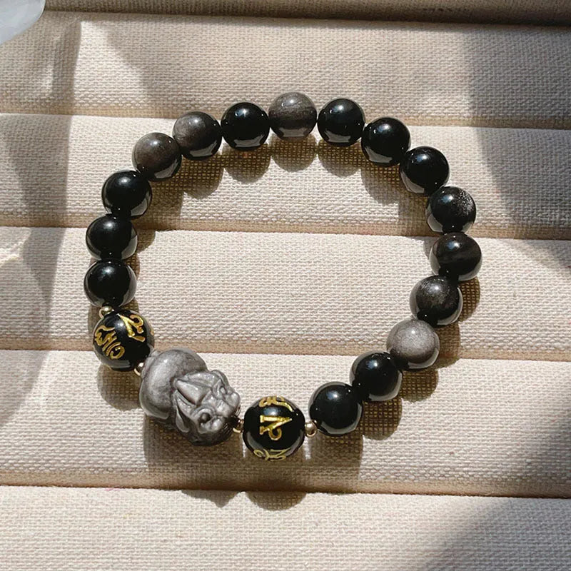 Natural silverstone men's bracelet with zodiac symbols and proverb beads in Chinese style design