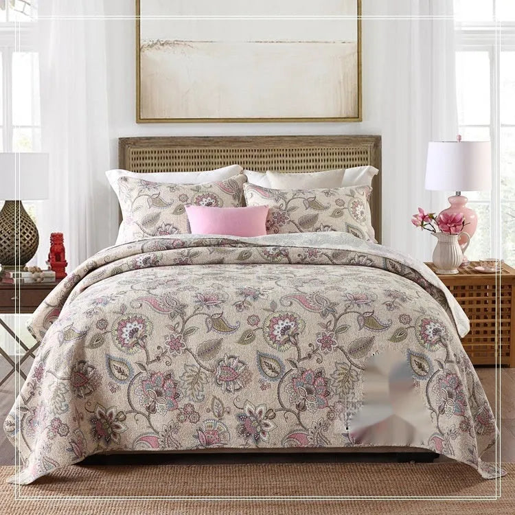 Pure cotton bedspread three-piece set with geometric print pattern showing bed cover and pillowcases