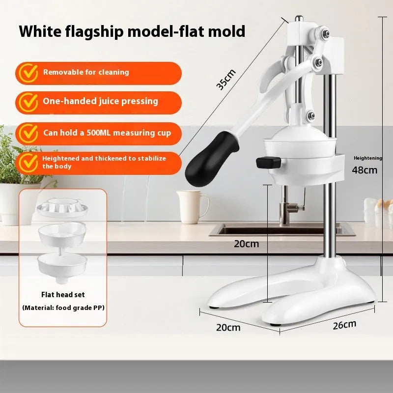 Stainless steel manual orange juice juicer on a counter, showing large cone and metal finish.