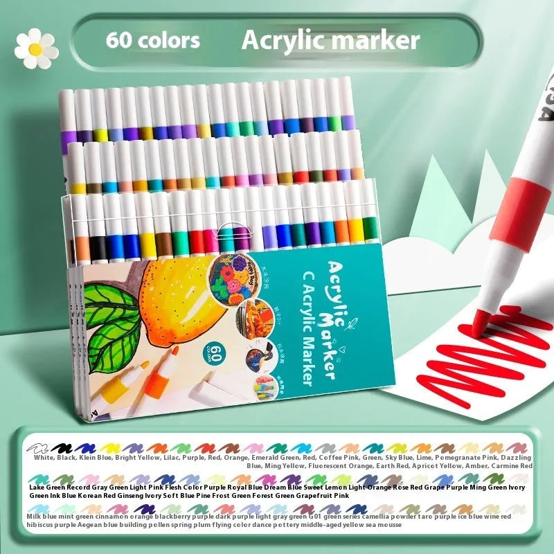 Box of multicoloured acrylic marker pens for student art and painting projects.