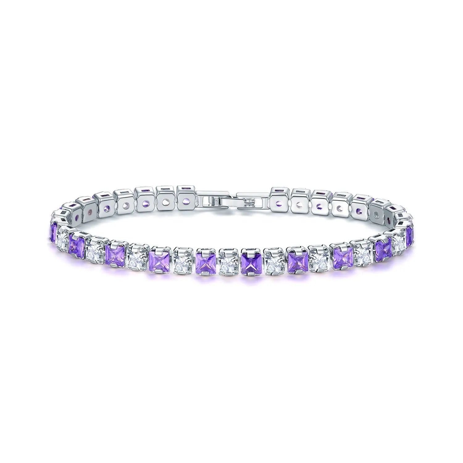 Electroplated real platinum women's square zircon bracelet with gang drill details in assorted colours.