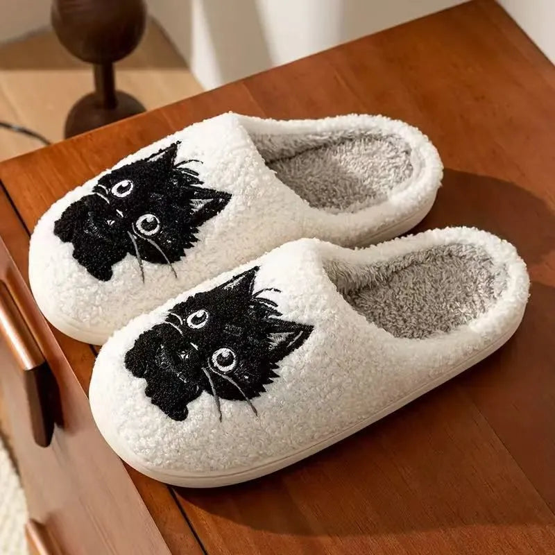 White Black Beard Cat cartoon plush slippers for couples with non-slip sole