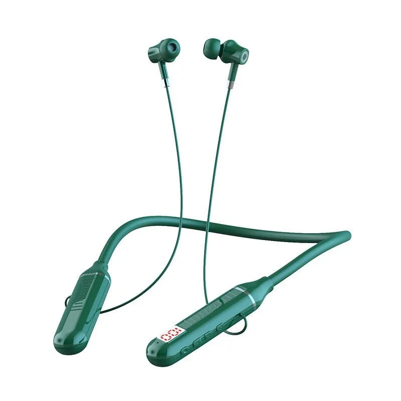 Wireless Bluetooth sports headset with neck-hanging design showing black colour option