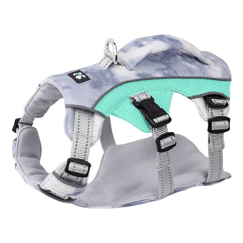 Reflective dog cooling chest strap in light blue colour with adjustable polyester straps