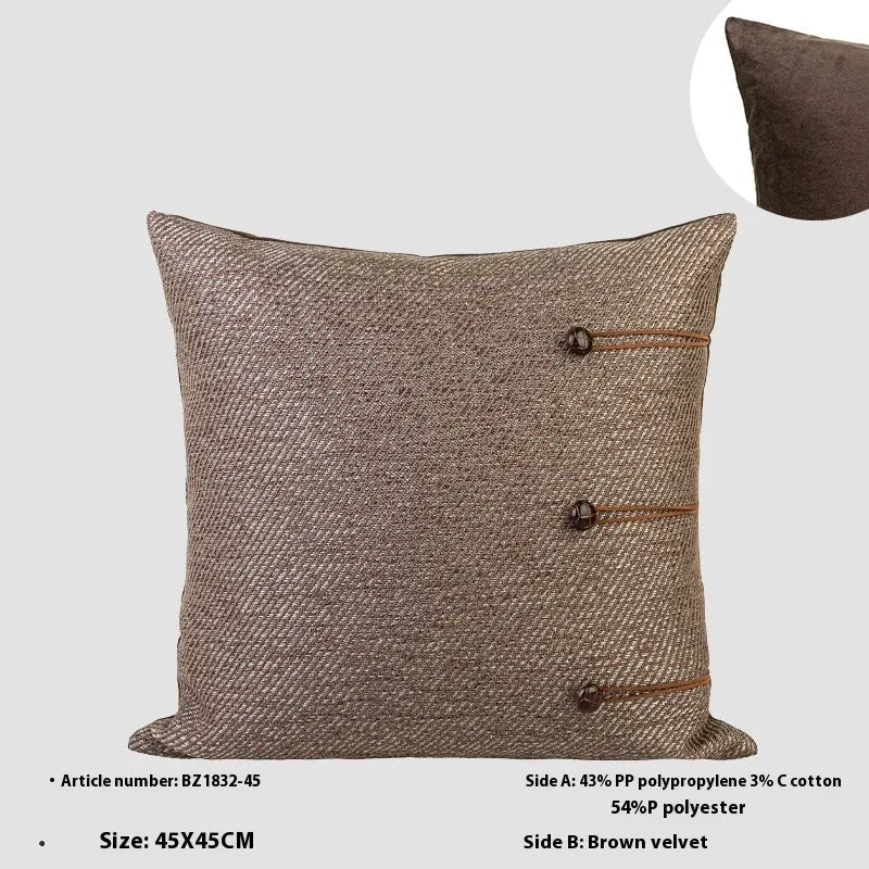 Chinese style square cushion in Maillard colour on a sofa, 45cm size with geometric pattern.