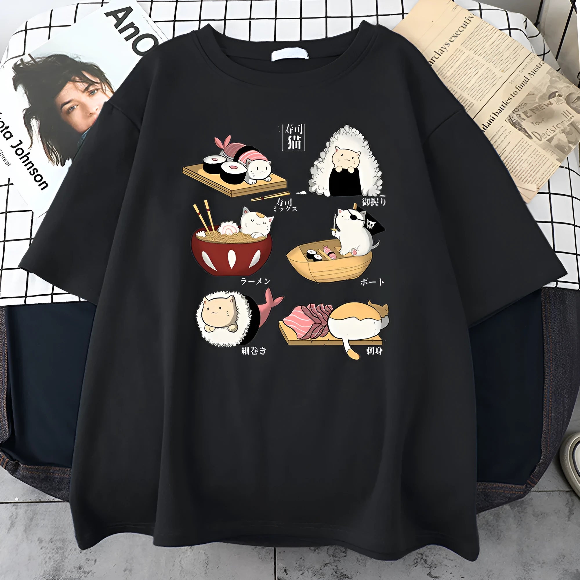 Men's black cotton t-shirt with sushi cartoon cat print design, short sleeves, loose fit