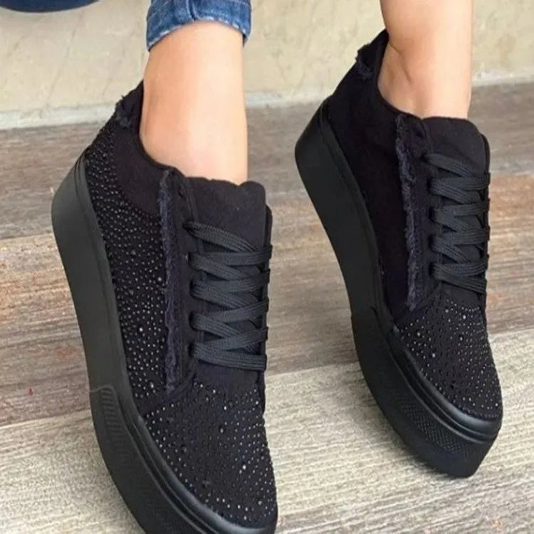 Plus size women's black lace-up casual shoes with rhinestone decoration and a thick rubber sole.
