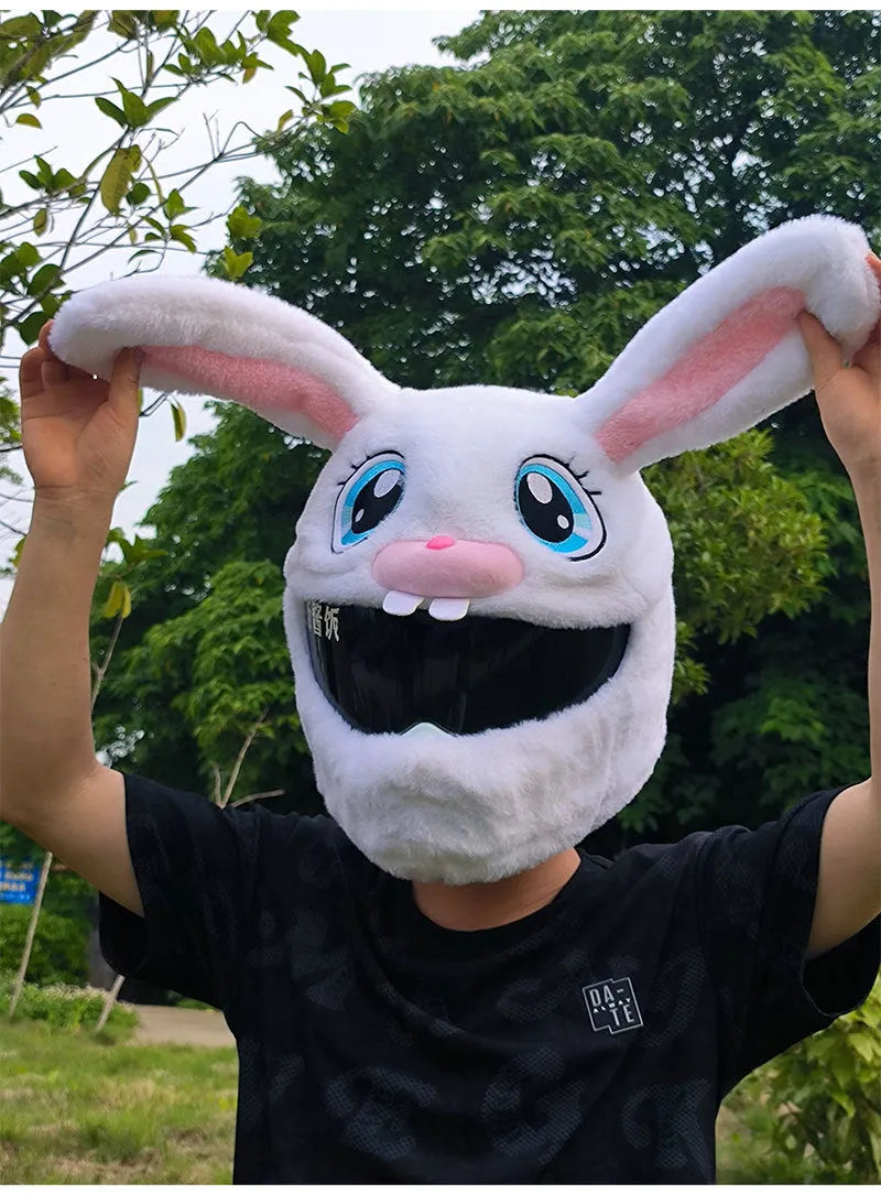 White rabbit head decorative cover for electric motorcycle helmet with plush interior