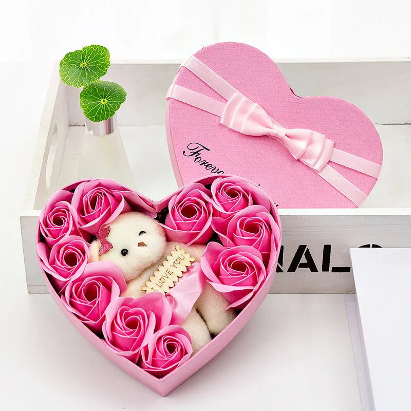 Handmade soap flower rose gift box with bear in pink, presented in a gift box
