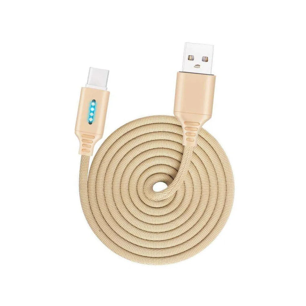 Fabric braided USB fast charging cable in black, shown with Android and Type-C connectors.