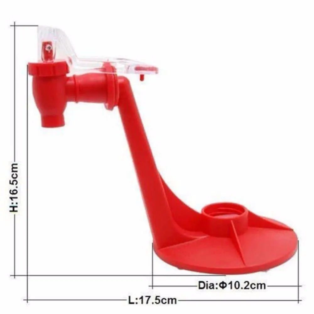 Red plastic Magic Tap soda bottle dispenser attached to an inverted 2-litre bottle.